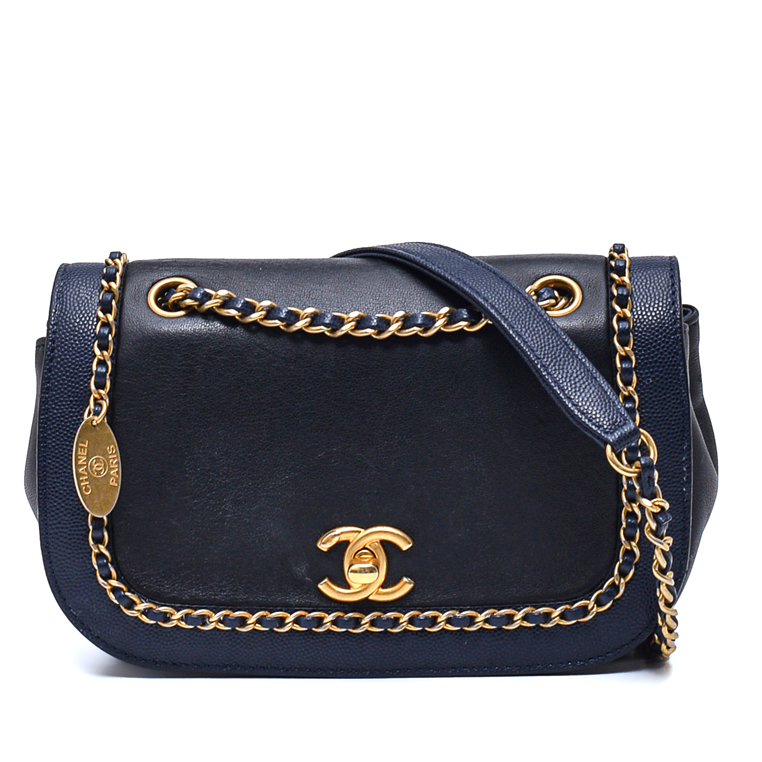 Chanel - Black&Navy Calfskin Leather Chain Around Flap Bag